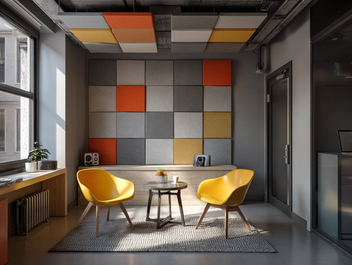 Modern office space featuring decorative acoustic wall and ceiling panels for noise control.